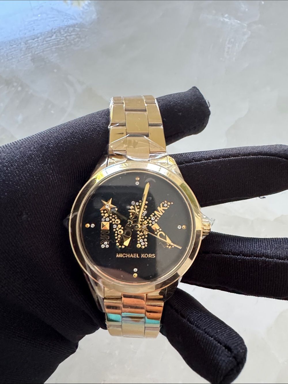 NIB Michael Kors Runway Quartz Black Dial Gold Steel Strap Watch